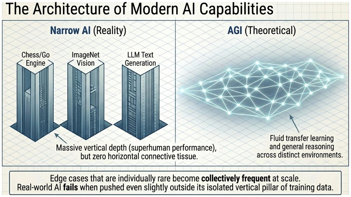 Comparison diagram showing narrow AI as isolated vertical pillars versus AGI as an interconnected network