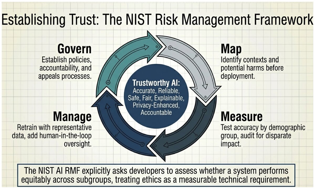 Circular diagram of the NIST AI RMF showing Govern Map Measure and Manage functions around Trustworthy AI