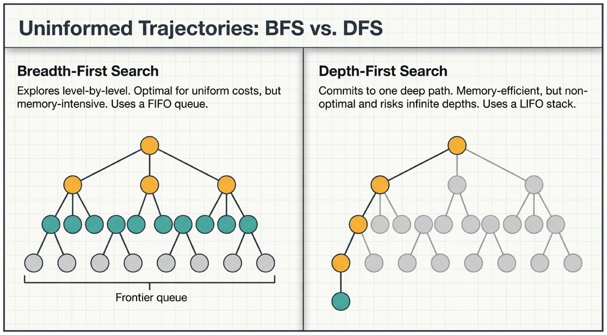 Side-by-side comparison of BFS and DFS traversal patterns on tree structures