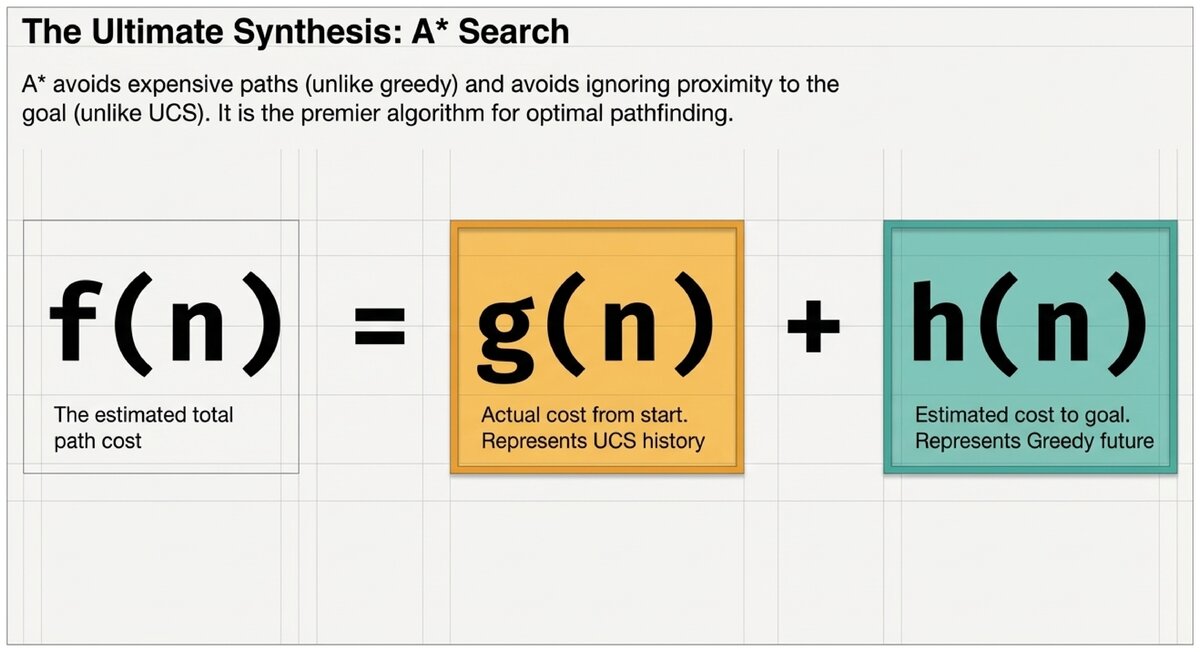 Visual breakdown of the A-star formula showing f of n equals g of n plus h of n
