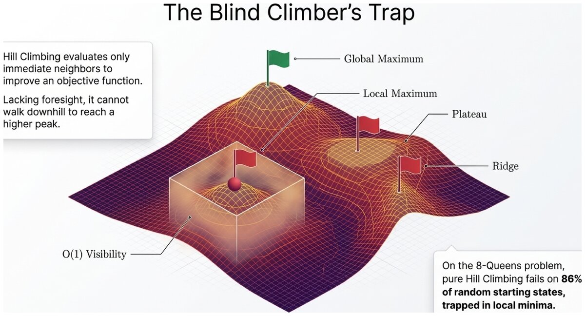 3D landscape showing global maximum local maximum plateau and ridge with hill climbing visibility limitation