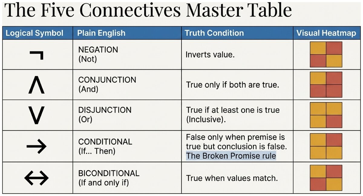 Master table of five logical connectives showing symbols meanings truth conditions and visual heatmaps