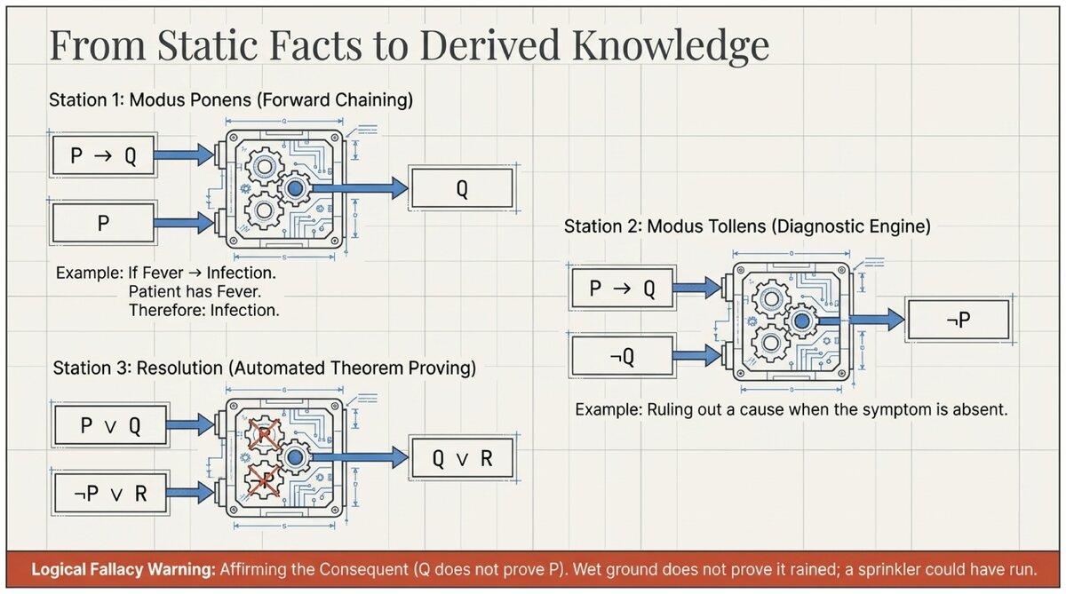 Diagram of modus ponens modus tollens and resolution inference rules with examples