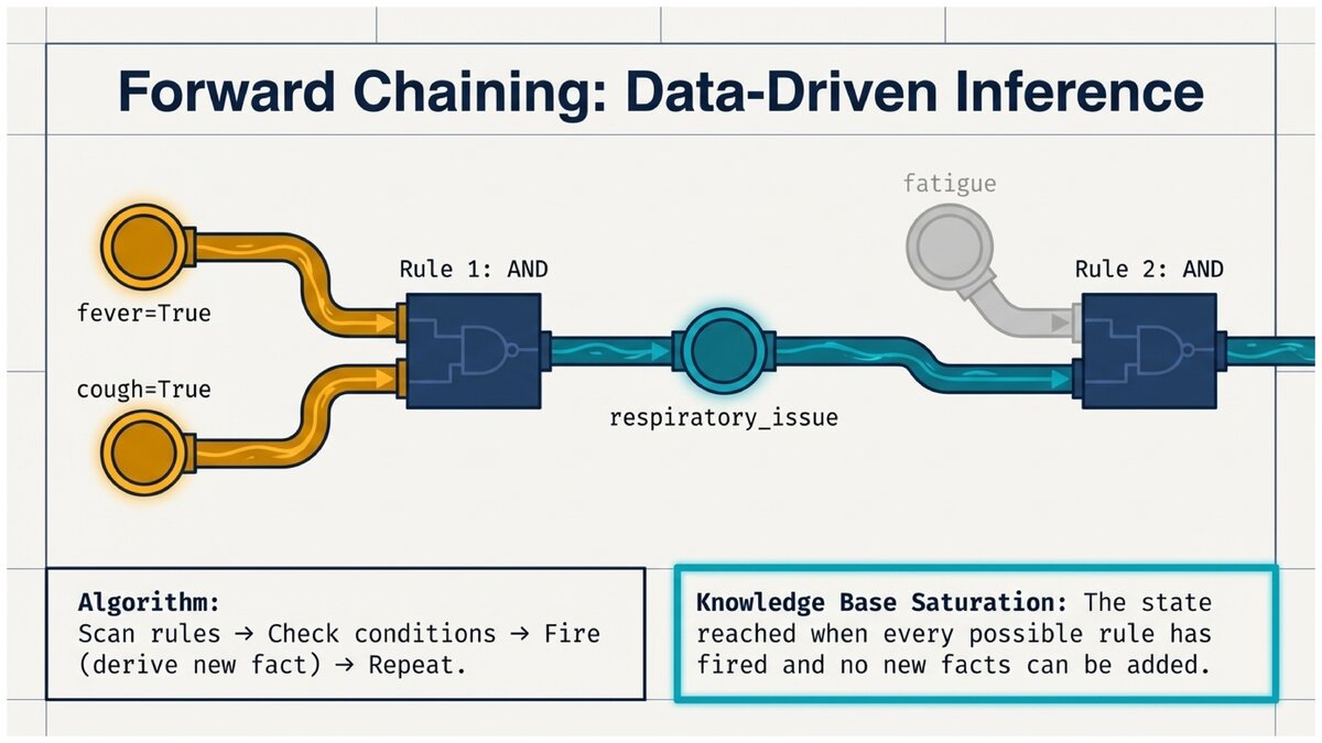 Forward chaining diagram showing facts flowing through AND rules to derive new conclusions