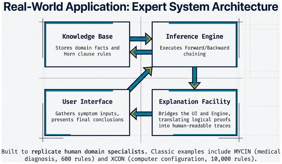 Expert system architecture diagram showing knowledge base inference engine explanation facility and user interface