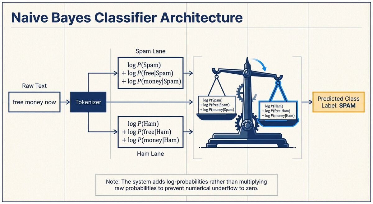 Naive Bayes spam classifier architecture showing tokenization parallel log-probability computation and comparison