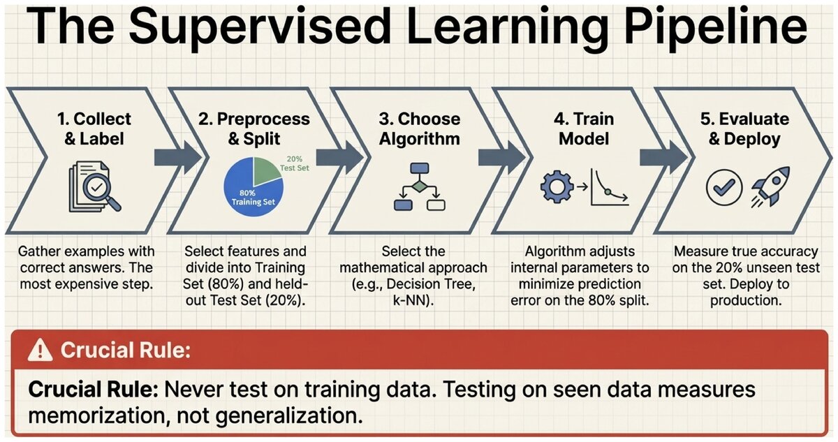 Five-stage supervised learning pipeline from collect and label through evaluate and deploy