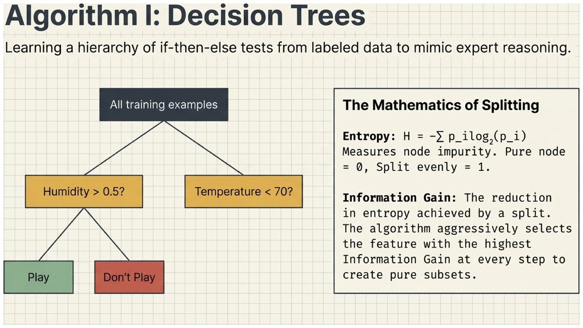 Decision tree diagram with entropy formula and information gain explanation
